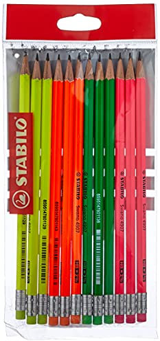 STABILO - Bleistift mit Radierer - Swano 4907 - neonfarbener Schaft - 12er Pack - Härtegrad HB