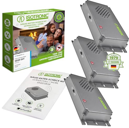 ISOTRONIC Mäusevertreiber 3er Set mit Ultraschall gegen Mäuse & Ratten | batteriebetriebener Mäuseschreck | für Keller, Dachböden, Garagen UVM. | tierschonend & sicher - 40 m² Wirkungsbereich