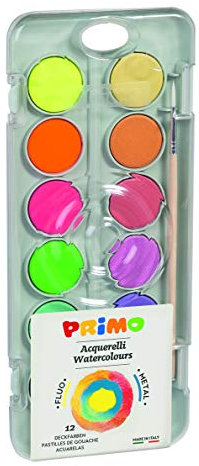 Primo 115A12FM Tuschkasten mit Wasserfarben, Deckfarben-8 Metallfarben, 4 Neon-Farben, inkl Pinsel und Mischplatte, Bunt