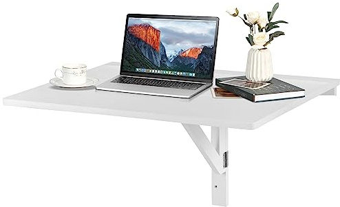 COSTWAY Wall-mounted Drop-leaf Table, Folding Floating Laptop Desk, Space Saving Hanging Table for Study, Bedroom, Bathroom, or Balcony, 80x60CM (White)