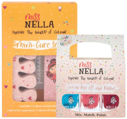 Miss Nella NAGELKIT & 3 NAGELPACKET- Nagelzubehör für Kinder- 3 abziehbare Nagellacke, Nagelaufkleber, Tattoos, Nagelfeile & Zehenspreizer- speziell gefertigt für Kinderhände,- und Füße.