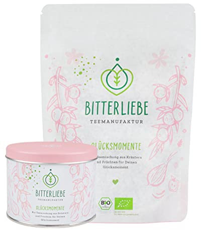 BitterLiebe® Teemanufaktur Glücksmomente Set mit Vorratsdose (65g) und Nachfüllbeutel (130g) I Bio Kräutertee lose mit der Kraft der Bitterstoffe