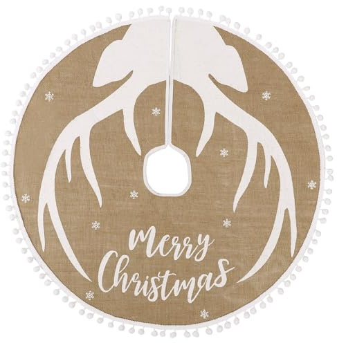 N&T NIETING Christmas Tree Skirt, 30 Inch Hessian Tree Mat with Reindeer Antlers Tree Base Cover Durable Burlap Tree Skirt for Holiday Xmas Home Decoration