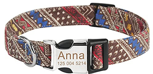 Piang Gouer Personalisierte Hundehalsband Vintage Böhmen Haustierhalsband Benutzerdefinierter Name und Telefonnummer Hundehalsband Tag Katzenhalsbänder für kleine mittelgroße Hunde（Kaffee-M）