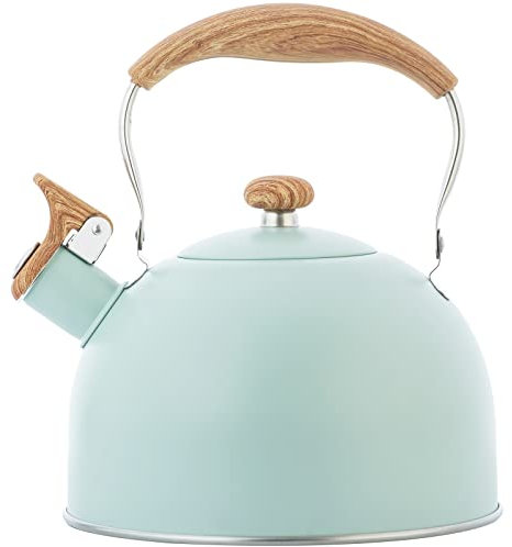 Whistling Stainless Steel Diamond Pattern Tea Kettle with Wood Grain Anti Heat Handle, Stainless Steel Cover Wood Grain Nylon Cover Top Tea Pot (Green)