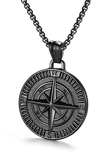 AZFVBQL Men's Compass Pendant Necklace Stainless Steel Navigator Forged for Male Jewelry (Black)