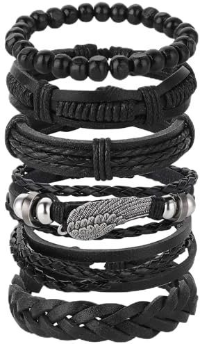 Yolev 6 Stück Armband Herren Punk Geflochtenes Armband für Männer Frauen Manschettenwickel Vintage Armbänder Längenverstellbare Lederarmbänder