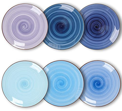 KitchenTour Ceramic Dinner Plates, 8 Inch Porcelain Serving Plate for Salad, Dessert Pizza Steak Pasta Plates Set, Dishwasher and Microwave Safe - Set of 6, Assorted Cool Colors