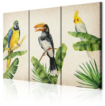 decomonkey Wandbilder Vogel 120x80 cm 3 Teilig Wandbild Groß Wohnzimmer | Leinwandbild XXL, Deko, Schlafzimmer, Büro, Wanddeko, Leinwand, Pictures For Wall, Poster, Natur, Botanik, Papagei, Blätter
