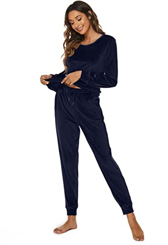 Ietaoo Completo Sportivo Donna Tute da Ginnastica da Donna Inverno Velluto 2 Pezzi Homewear Manica Lunga Pullover + Pantaloni Tute Sportiva Casa Pigiama Set Blu Navy M