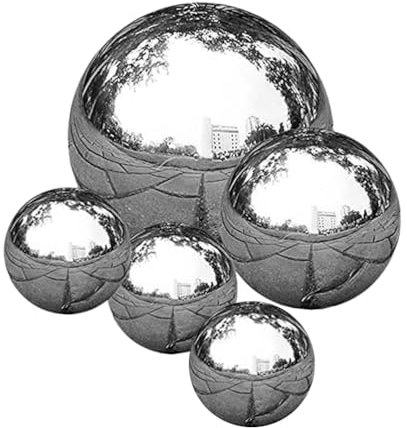 Operitacx 5pcs Garden Gazing Ball, Stainless Steel Silver Garden Balls, Outdoor Globes Polished Hollow Reflective Sphere for Outdoor Lawn Decor