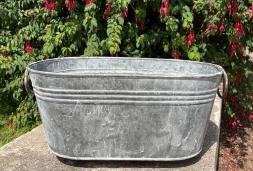 Galvanised Oval Trough w Handles | Outdoor Garden Metal Steel Planter Flower Pot 46 x 24 x 20cm