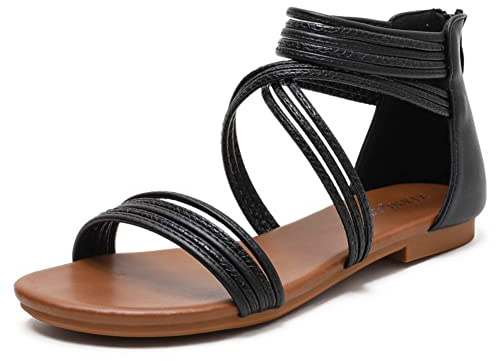 Sandali Piatti da Donna Gladiatore Moda Cerniera Romani Sandaletti Bohemien Spiaggia Punta Aperta Estivi Scarpe Vacanza Casual (38,Nero)