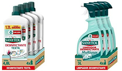 Sanytol – Desinfectante Textil, Elimina Gérmenes y Malos Olores de la Ropa Sin Lejía - Pack de 4 x 1200 ML = 4,8L & Limpiador Desinfectante Multiusos, Elimina Bacterias - Pack de 4 x 750 Ml = 3L