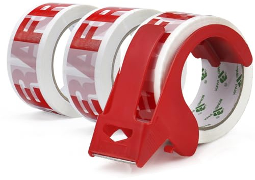 Lot de 3 rouleaux de ruban adhésif, pour emballer des boîtes d'expédition et l'emballage de paquets, 48 mm x 66 m, rouge fragile