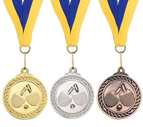 PATIKIL 2 Ping Pong Medaglie, 3pz Ping Pong Premio Medaglie Set Oro Argento Bronzo Medaglia con Nastro Blu Giallo per Giochi Sport Competizioni