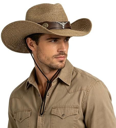 TINAYAUE Bend Brim Western Cowboy Hat for Men Women Cool Summer Outdoor Travel Cap Light Riding Sun Protection Straw Hat Young Jazz Fedora Panama Hat Unisex Music Festival Fancy Dress Costume Brown