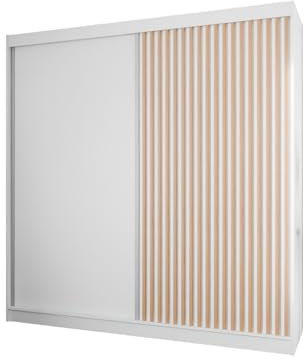 MargaretHadas24 Kleiderschrank Lili mit Lamellen ohne Spiegel, Organizer, Mehrzweckschrank, Schwebetürenschrank, Garderobenschrank, Kleiderstange, Kleiderständer, Schrank, 200 cm, weiß, braun