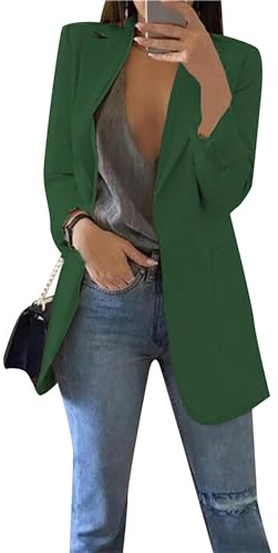 PUDANA Damen Casual Comfy Arbeit Büro Blazer Leichte Einfarbige Jacke Klassisch Elegant Langarm Blazermantel Dunkelgrün L