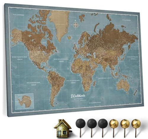 Hochwertige Canvas Weltkarte mit Kork-Pinnwand - Deutsche Beschriftung - Dekorative Wanddeko für alle Zimmer - Leinwandbilder mit Weltkarte Motiv (90x60 cm, Muster 2 Deutsch)