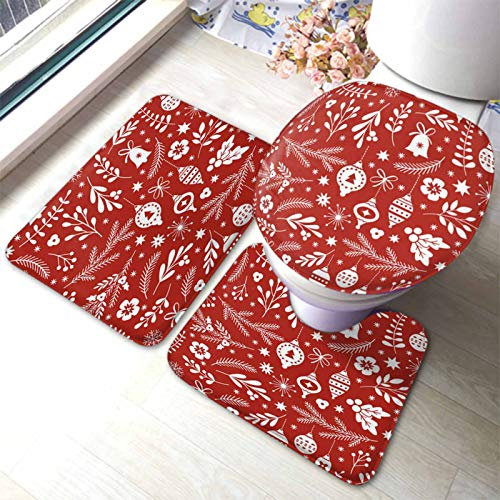 Set 3 Teilig Badvorleger Weihnachten Elemente Glocken Beeren Weißes Muster Auf Rotem Hintergrund Badezimmer Teppiche Set 3 Stück Langlebige Badgarnitur Badematten, Für Badewanne, Badezimmer