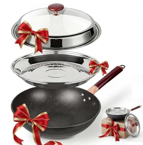 Kseroo 13-Inch Carbon Steel Wok Pan with Lid: Professional Woks & Stir-Fry Pans Nonstick with Steamer, Large Deep Flat Bottom Cookware, Works on All Cooktops, Stay-Cool Handle, Ideal Kitchen Gift