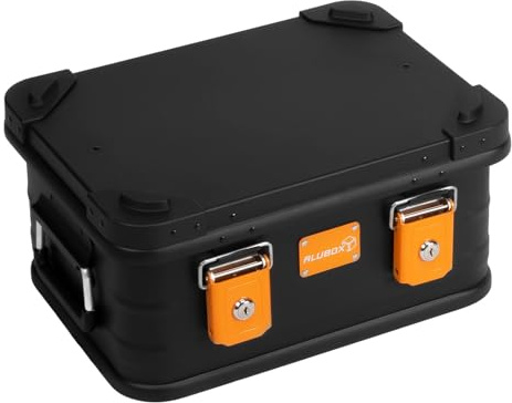 Alubox Alukiste abschließbar E18B - Premium Aluminium Lagerbox 18 Liter - Deckel mit Aluminium Druckguss Stapelecken und Gummidichtung - inklusive Schlösser - schwarz lackiert