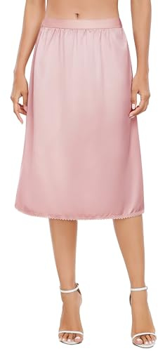 Vlazom Dam halvslips, satin silkeslena långa underkjolar för klänningar spets fåll mjuk underkjol för underklänningar S-XXL, Ljusrosa, M