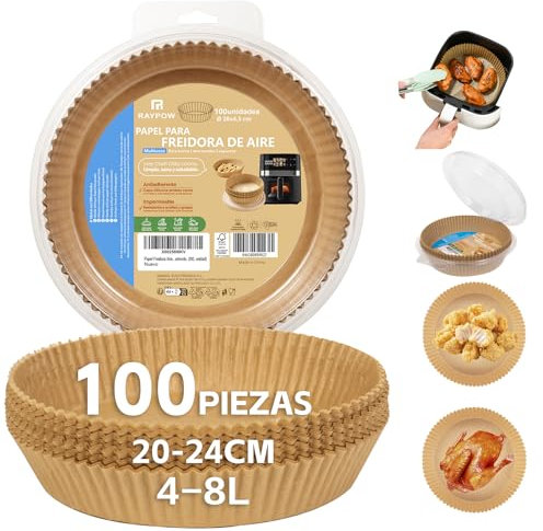 Carta Friggitrice Aria 20R100 Air Fryer Rotondo 100 pezzi 20-24 cm Stampi Monouso per Forno BPA Free Accessori per Friggitrice Senza Olio da 2 a 8 litri (20-24 CM-Rotondo-100 unità)
