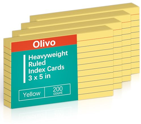 Tarjetas de índice con rayas amarillas de 3 x 5, 200 unidades, 180 g/m², peso pesado