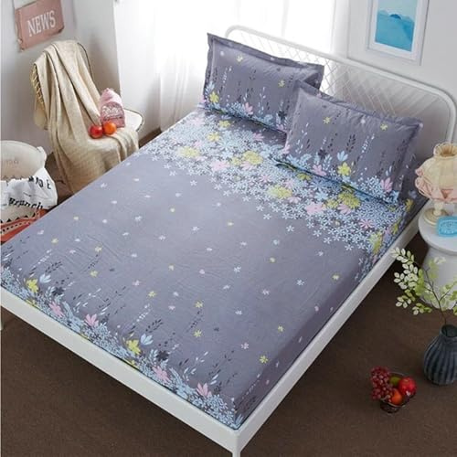 Musihy Spannbettlaken Bettlaken 200 x 220cm Blume drucken Spannbetttücher Elastisch Bettlaken mit einem Paar Kopfkissenbezügen Weich und Knitterfrei, Bequem, Grau Bunt
