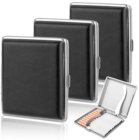 Lot de 3 étuis à cigarettes en cuir et métal, étui à cigarettes en cuir synthétique pour 20 cigarettes,Boîte À Cigarettes En Métal Noir,Homme Femme Aluminium Etui Paquet Cigarette Paquet de Cigarettes