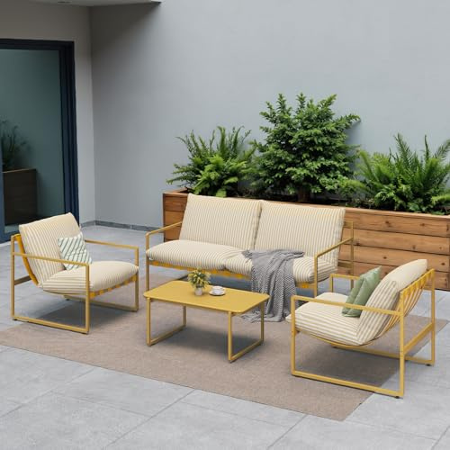 Grand patio Garden Furniture Set, Outdoor Table and Chairs Set 4 with Cushions, Include 1 Coffee Table, 1 Sofa, 2 Armchairs, Balcony Furniture Sets for Backyard, Living Room (Yellow)
