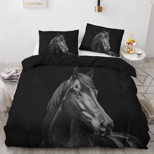 Housse de Couette 160x200 Cheval Noir - Decoration Cheval Noir, Parure de Lit 1 Personne Imprimée Animaux 3D, Linge de Lit en Microfibre Douce avec Fermeture éclair, 1 Taie d'oreiller 65x65 cm A*&63