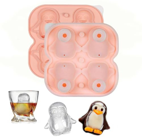 Silicone Eiswürfelform Pinguin,Kleine Pinguin Eiswürfelformen Silikon 4 Gitter 3D Neuheit Pinguine Eiswuerfelbehaelter mit Deckel für Gin Gläser Whiskey Scotch Cocktail Likör Gläser Rosa