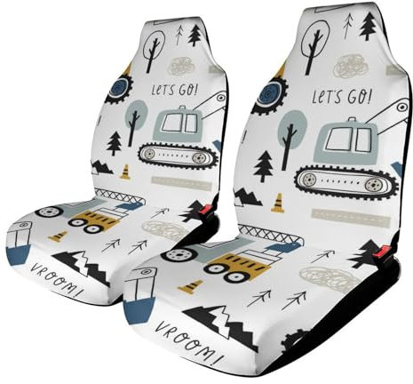 KWQDOZF Autositzbezüge für vorne, Set aus Stoff, strapazierfähiger Autositzschutz, süßes Motiv mit Auto-LKW-Traktor-Bagger, atmungsaktive Schalensitzbezüge für die meisten Autos, 2er-Set