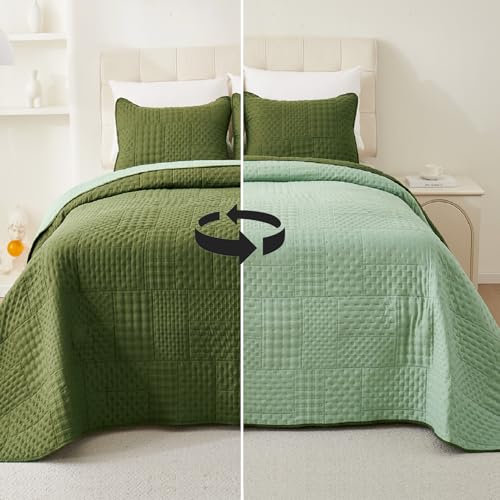 Cmfshape Bettwäsche-Set für King-Size-Bett, wendbar, Ultraschall-Steppdecke mit klassischem Patchwork-Muster, weiche, leichte Tagesdecke für alle Jahreszeiten, mit 2 Kissenbezügen, Kingsize-Grün