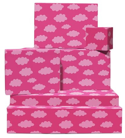 Rosa Geschenkpapier – 6 Geschenkpapierbögen für Babyparty, Weihnachten, Hochzeitstag – Geschenkpapier mit Wolkenmotiv – Geschenkpapier zum Geburtstag von Mädchen – mit Etiketten