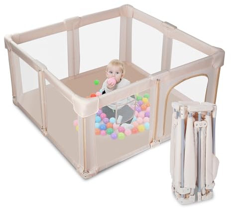 Sinbide Baby Laufgitter installationsfreies zusammenklappbares und Tragbares Kinderlaufstall mit rutschfestem Boden, Atmungsaktiver Mesh Sicherheitsspielplatz,130x130x70cm (Beige)