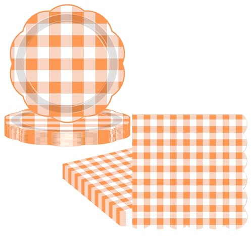48 pièces de vaisselle de fête en papier, assiettes et serviettes à carreaux orange, assiettes à dessert en papier gingham échancrées pour anniversaire, serviettes jetables pour décoration de table de