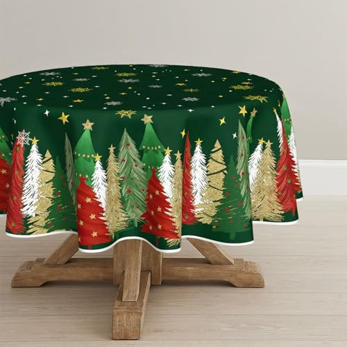 Artoid Mode Grün Schneeflocken Bäume Sterne Weihnachten Tischdecke Rund 120 cm, Winter Fleckschutz Tischwäsche Küche Dekoration Party Dekor