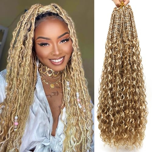 Eeanno Goddess Box Braids Crochet Hair 24 Inch 7 Packs Mixed Blonde 613 Boho Crochet Hair for Women Pre Looped Crochet Box Braids with Curly Ends, P27613