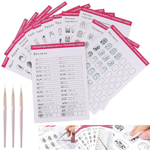 Nail Art Tracing Sheets with Liner Pen, Nail Art Book Design Blank Practice Cards, Manicure Training Cards for Beginner Lines Painting, Lines Drawing Painting Template Learning Book(1set)