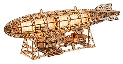 Wood Trick Zeppelin lumineux LED 3D puzzles en bois pour adultes à construire - Hélices et queue mobiles - Support mural et socle inclus - Projet de génie mécanique 3D puzzle DIY