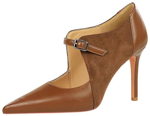 Eestfy Tacones de Aguja Ante Mujeres Punta Afilada Hebilla Correa Calado Court Salones Tacones Altos Zapatos de Fiesta Sexy para Banquete Noche & Recepción de Boda,Marrón,37 EU