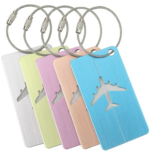 Etiquetas de Equipaje Metálicas Multicolor (Pack de 5) – Identificador de Maletas de Viaje con Avión Troquelado, Aluminio Resistente con Cable de Acero – Tarjetas de Viaje para Maletas, Mochilas y Bol