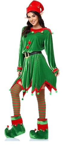 Generico Costume Elfo Donna,Vestito Natale Cappello Elfo Scarpe Calze Orecchie Costume Natale Abito Natalizio Donna,Costume per Festa di Natale Costume da Elfo Verde