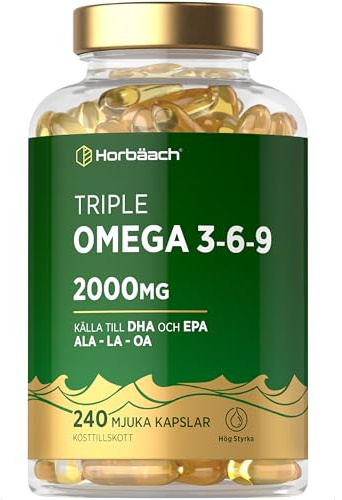 Omega 3 6 9 Softgels 2000mg | Källa Till DHA & EPA med Vitamin E | 240 Softgels | Högdoserat Kosttillskott | från Fiskolja och Linfröolja | av Horbaach