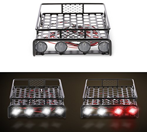 RASTKY Roof Rack Luggage Carrier with Light Bar, Durable Aluminum Alloy, Simple Installation, RC CH3 LED Light, 1/10 RC Crawler Parts, White Color, 170x110x40mm Size