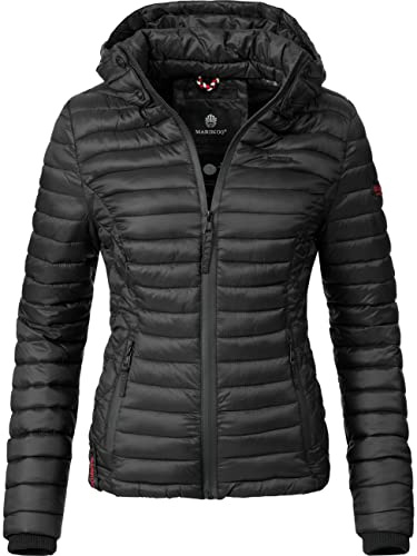 MARIKOO leichte Damen Übergangsjacke kurz mitteldick gefütterte Steppjacke mit Kapuze Samtpfote Schwarz Gr. M